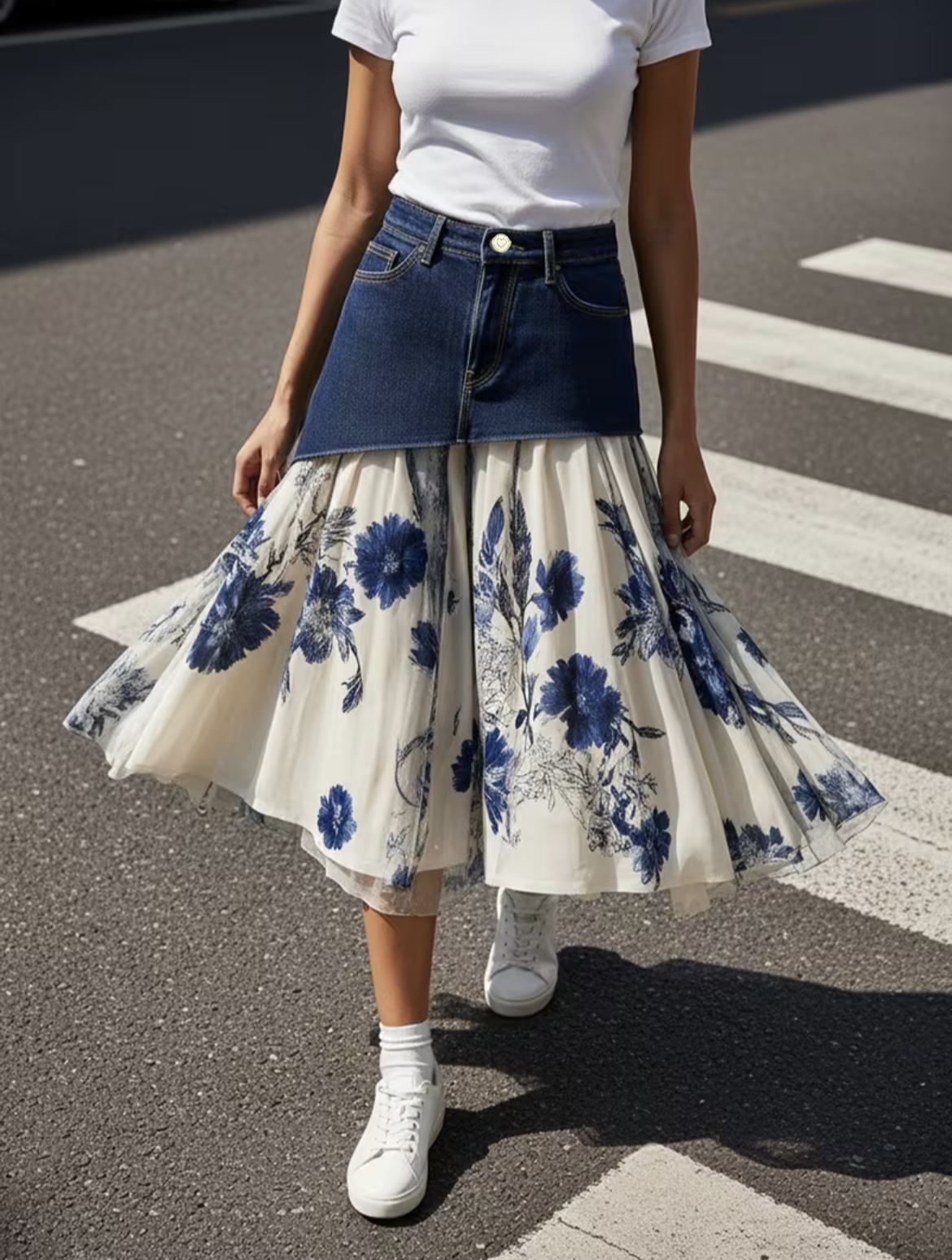 Midi Skirt Floral - Falda midi de mezclilla con estampado