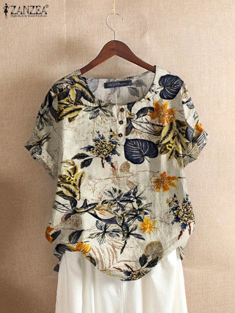Romper Floral Print - ZANZEA-Camiseta de algodón para mujer, Tops